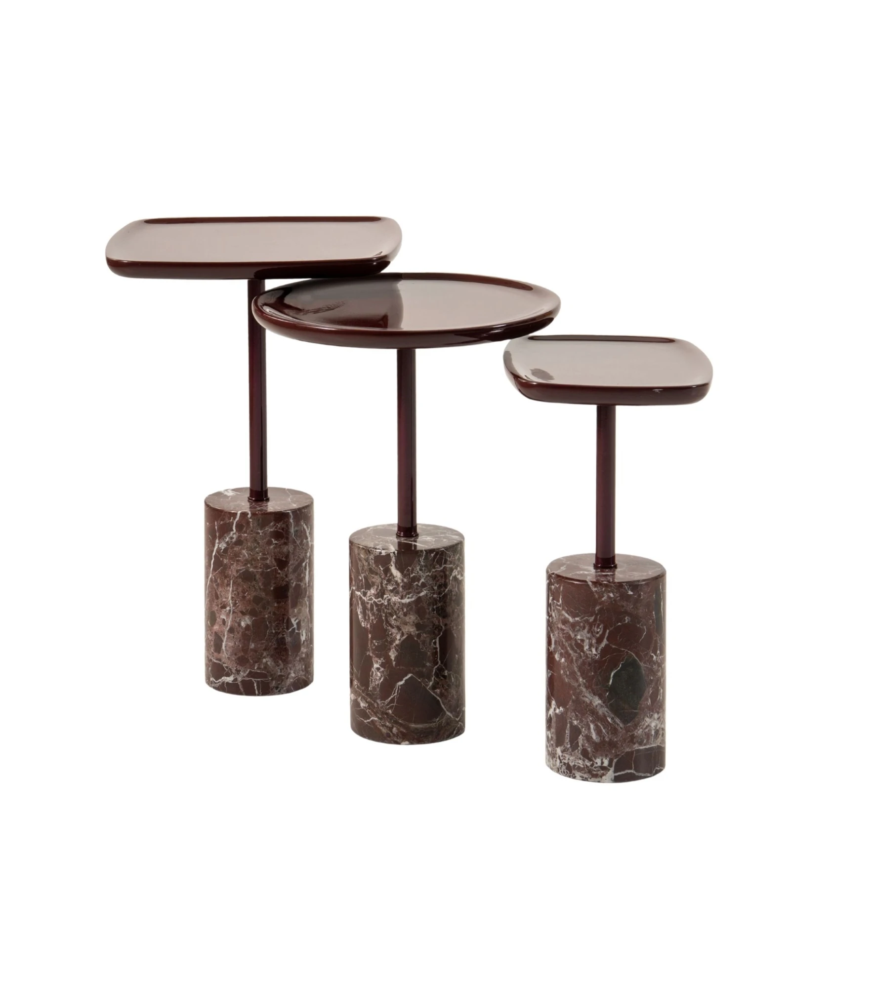 Three pedestal side tables with burgundy lacquered tops on red marble cylinder bases.